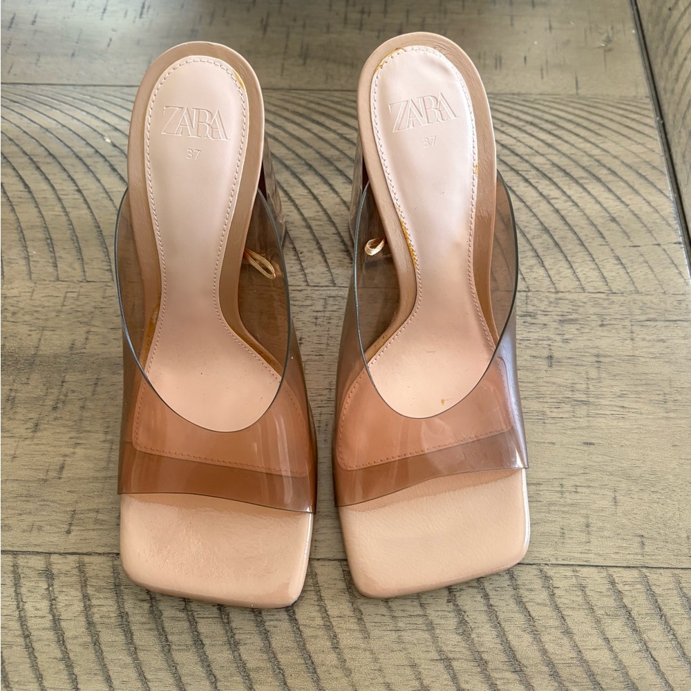 NEW Brown and Tan Zara Square Toe Transparent Block Heels - Picture 2 of 5